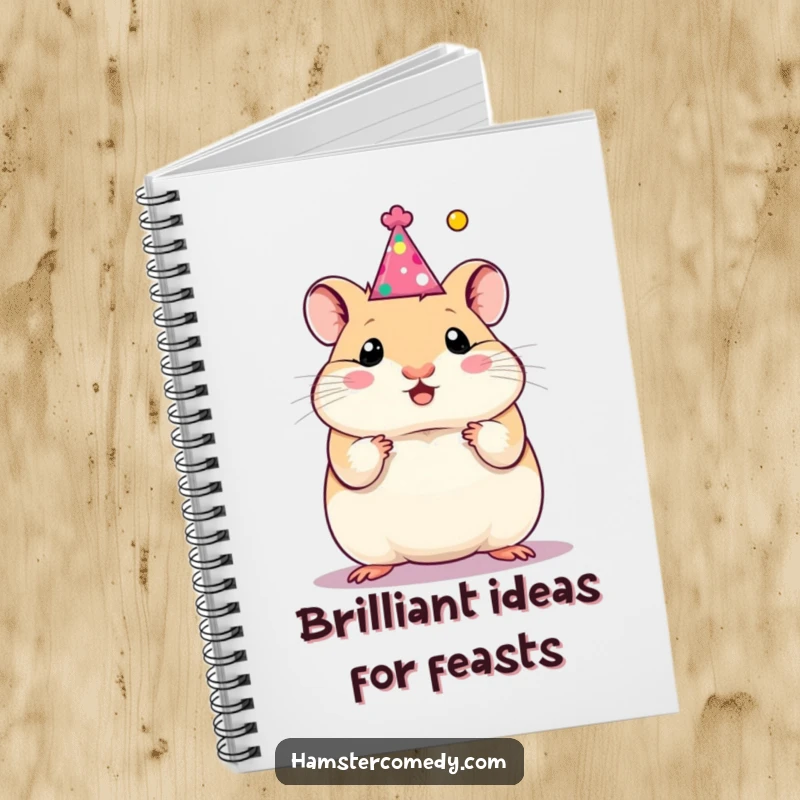 Funny hamster in a party hat, ready for notes on a notebook, perfect for recording achievements and as a funny gift.