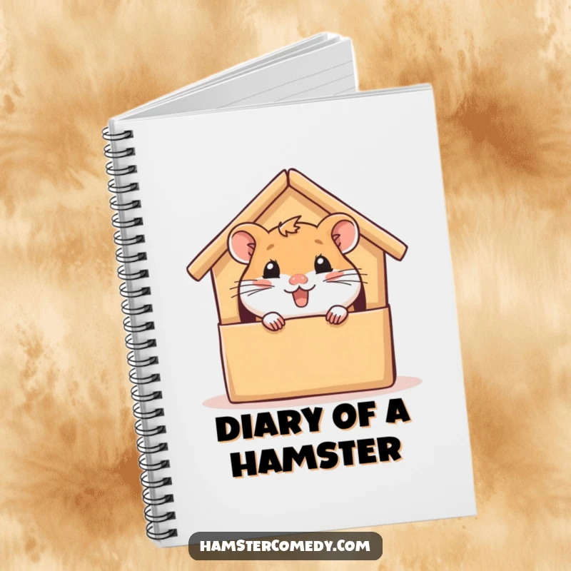 Funny hamster notebook, peeking from a cardboard house with glee, perfect for writing and sketching, a humorous and practical gift.