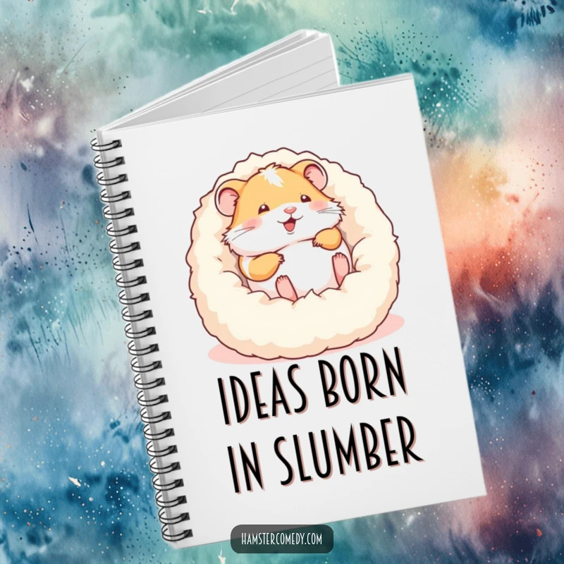 Funny notebook cover with a hamster gleefully rolling in a fluffy bed, designed for capturing notes with humor.