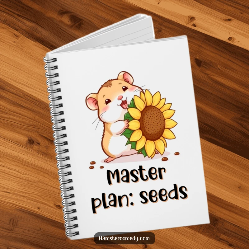 Funny hamster seed struggle notebook, showing a tiny hamster with a giant sunflower seed. Stationery funny gift.