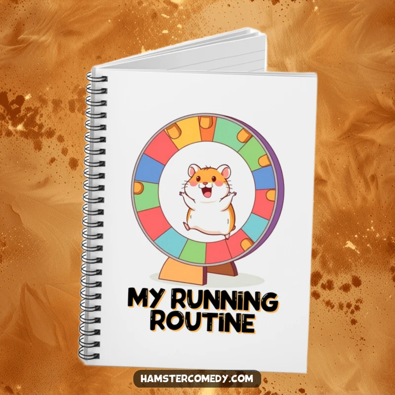 Funny Hamster Notebook with an excited hamster running on a giant, colorful wheel, ideal for writing and planning.