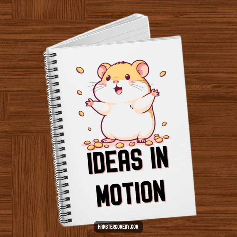 Funny kawaii hamster notebook featuring a cute hamster playfully juggling tiny seeds, perfect for note-taking.