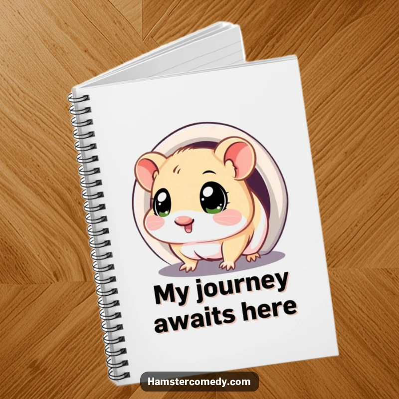 Funny notebook with a kawaii hamster with big, curious eyes, exploring a dark tunnel.