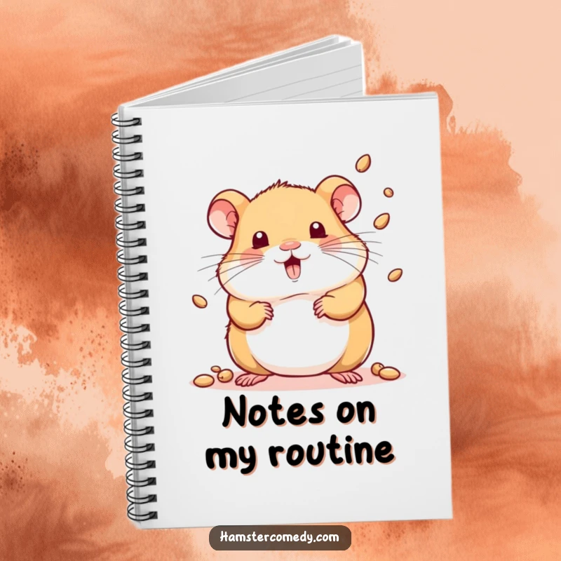 Funny notebook with a kawaii hamster playfully juggling tiny seeds, representing creative multitasking.