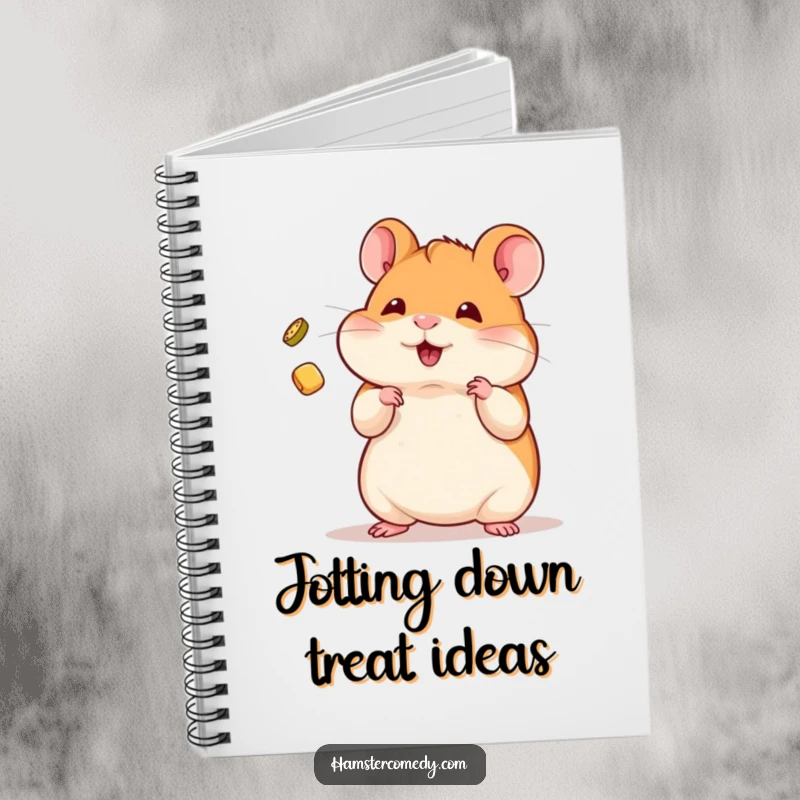 Funny Notebook with a kawaii hamster skillfully juggling a tiny treat, ideal for jotting down notes.