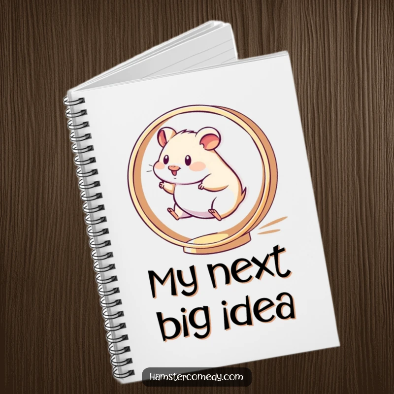 Funny Kawaii Hamster Notebook featuring a hamster running energetically on a spinning wheel, great for notes and plans.