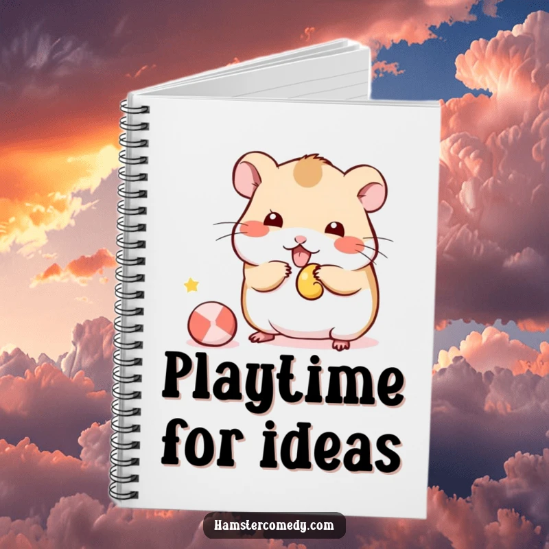 Funny Kawaii Hamster Notebook with a cute hamster playfully batting at a small toy, great for jotting down ideas.