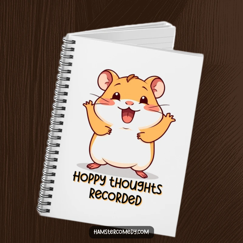 Funny Kawaii Hamster Notebook with a cute hamster doing a silly hop with excitement, great for capturing energetic thoughts.