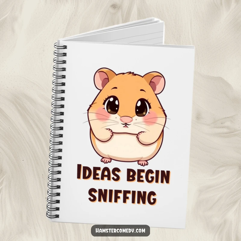 Funny Notebook with a kawaii hamster, wide-eyed and curious, sniffing the air for inspiration.