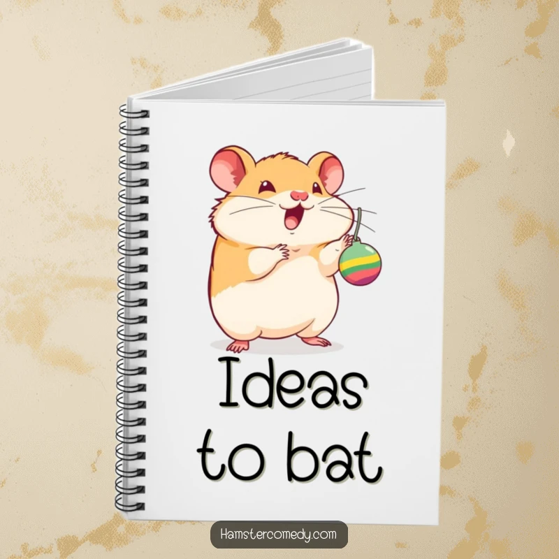 Funny hamster notebook, batting at a dangling toy with excitement, perfect for writing and sketching, a humorous and practical gift.