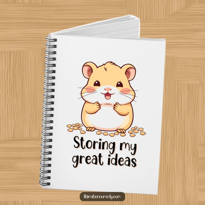 Cute kawaii hamster with full cheeks, happily eating seeds, on the cover of a notebook for notes and ideas.