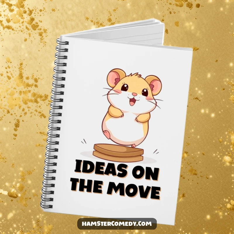 Cute kawaii hamster running on a wheel, on the cover of a notebook for goals, notes, and motivation.