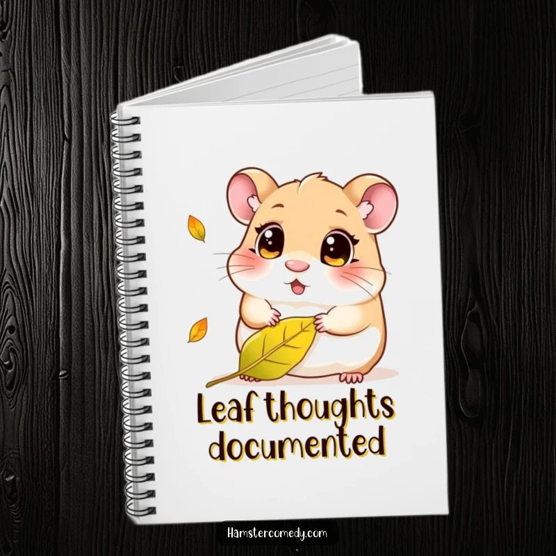 Funny Kawaii Hamster Notebook: Cute hamster with wide, curious eyes observing a falling leaf, perfect for jotting down thoughts and dreams.