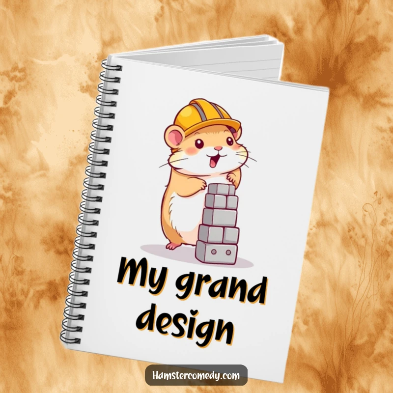 Funny hamster wearing a construction helmet, writing in a notebook, perfect for planning and gifts.