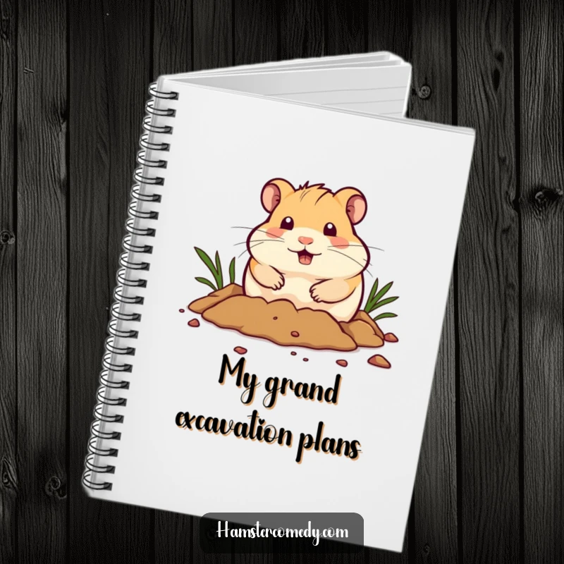 Funny Notebook: A cute hamster digs with determined paws, a humorous image for noting down ideas with energetic focus.
