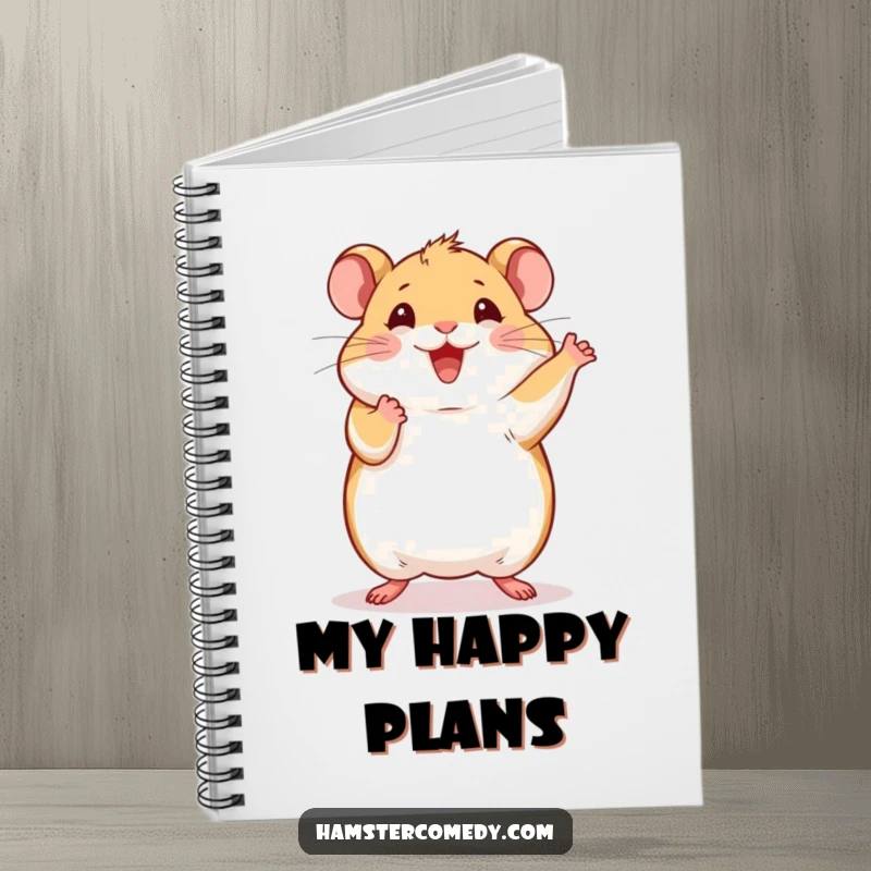 Notebook cover with a funny hamster illustration, doing a happy dance, perfect for jotting down ideas.