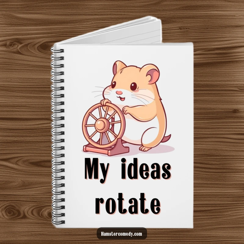 Funny hamster notebook with a hamster playfully pushing a wheel, encouraging creativity and energetic planning.