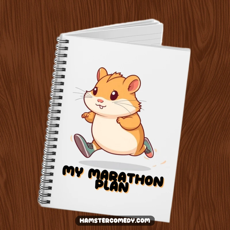 Determined hamster wearing tiny running shoes, sprinting with focus on a notebook cover, ideal for jotting down goals.