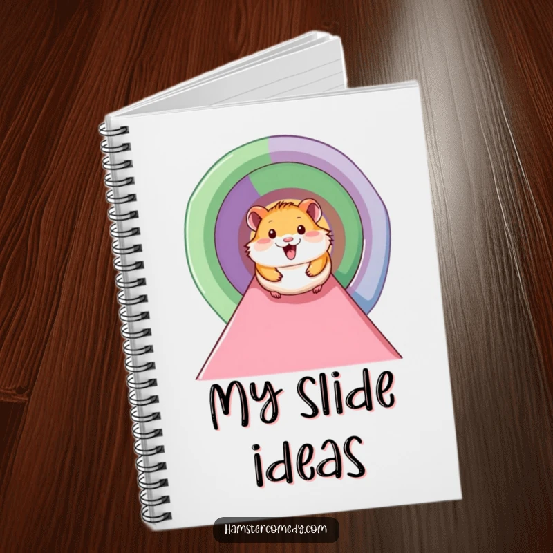 Funny hamster notebook design showing a smiling hamster sliding down a colorful tunnel, perfect for capturing happy thoughts and ideas.