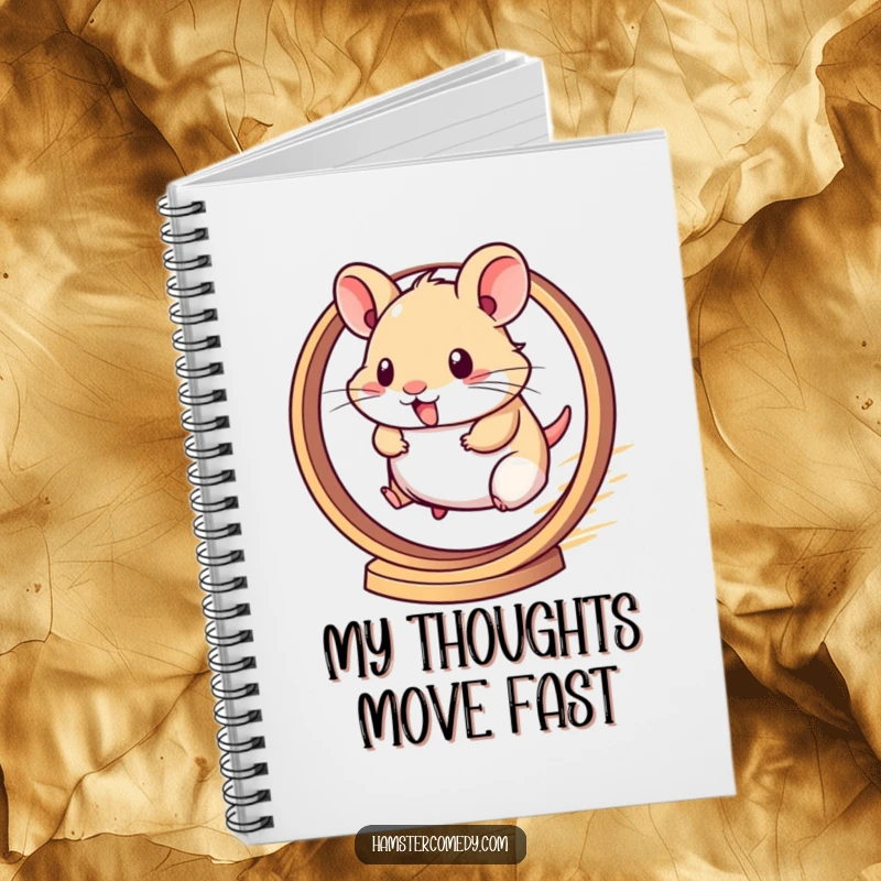Funny notebook with a kawaii hamster running incredibly fast on a wheel, symbolizing quick thoughts.