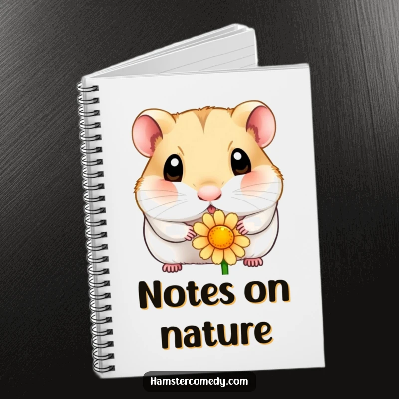 Funny hamster notebook design featuring a wide-eyed hamster curiously sniffing a flower, perfect for capturing notes and observations.