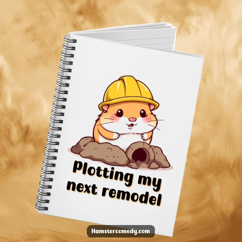 Funny Hamster Notebook: A hamster in a tiny construction helmet humorously digs a small tunnel, great for jotting down funny ideas.