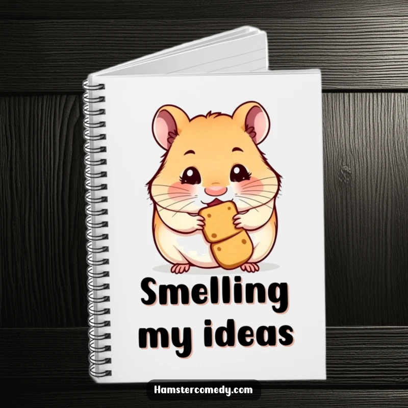 Notebook cover with a funny hamster illustration, nose twitching at a treat, perfect for jotting down thoughts.