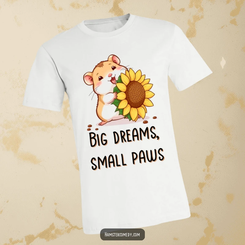 Funny hamster seed struggle t-shirt, showing a tiny pet with a huge sunflower seed. Humorous funny gift.