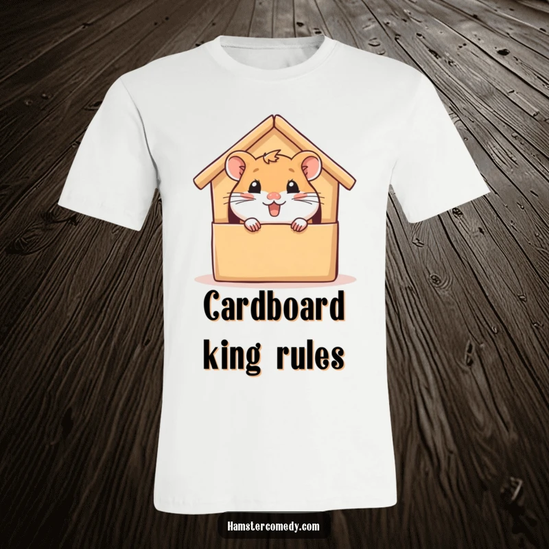 Funny hamster t-shirt, peeking from a cardboard house with glee, showing cute and humorous pet behavior, an ideal funny gift.