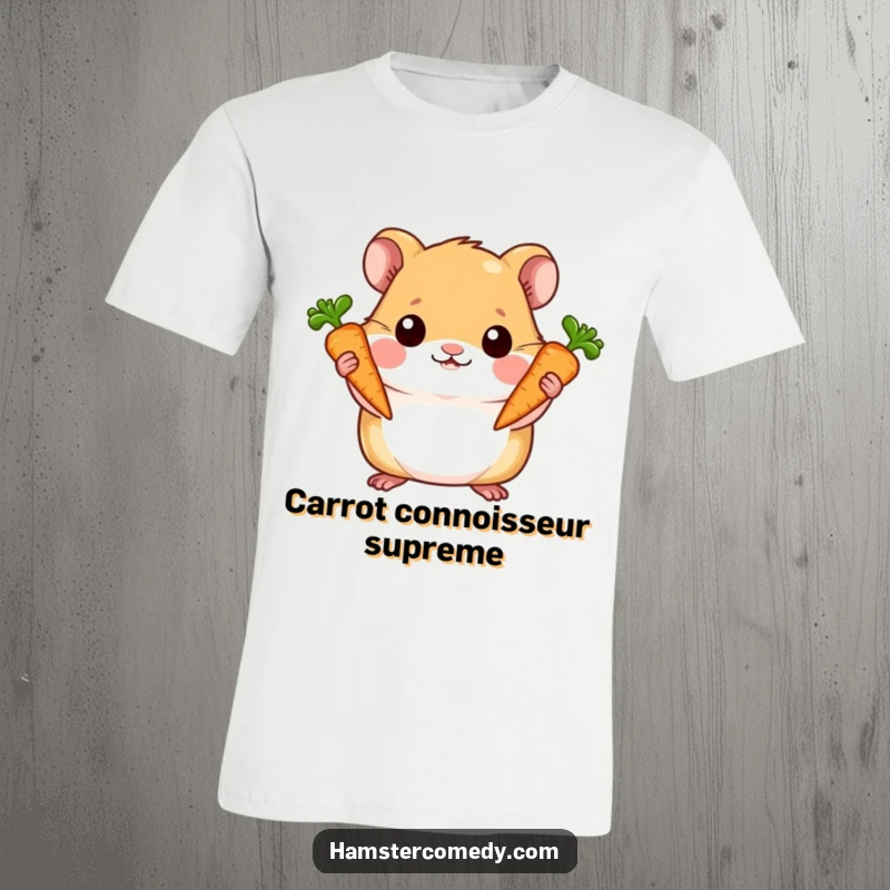 Funny t-shirt showing a proud hamster triumphantly holding two miniature carrots, symbolizing success and resourcefulness.