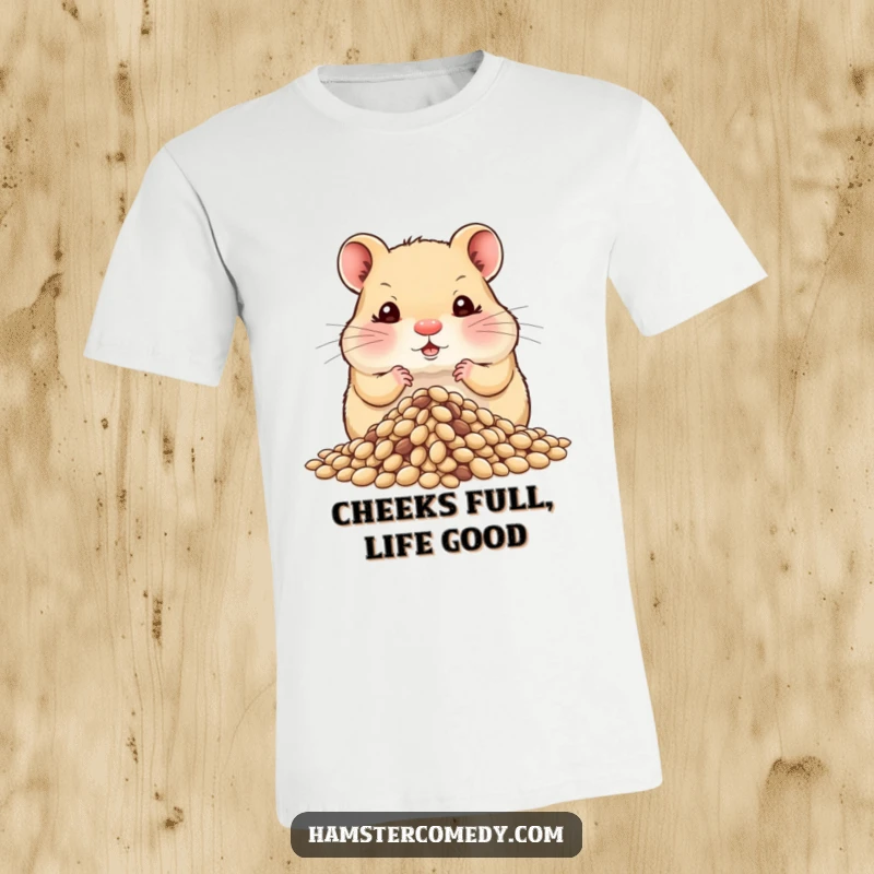 Adorable funny hamster with cheeks full of seeds, hoarding a massive pile, perfect for a funny and relatable t-shirt.