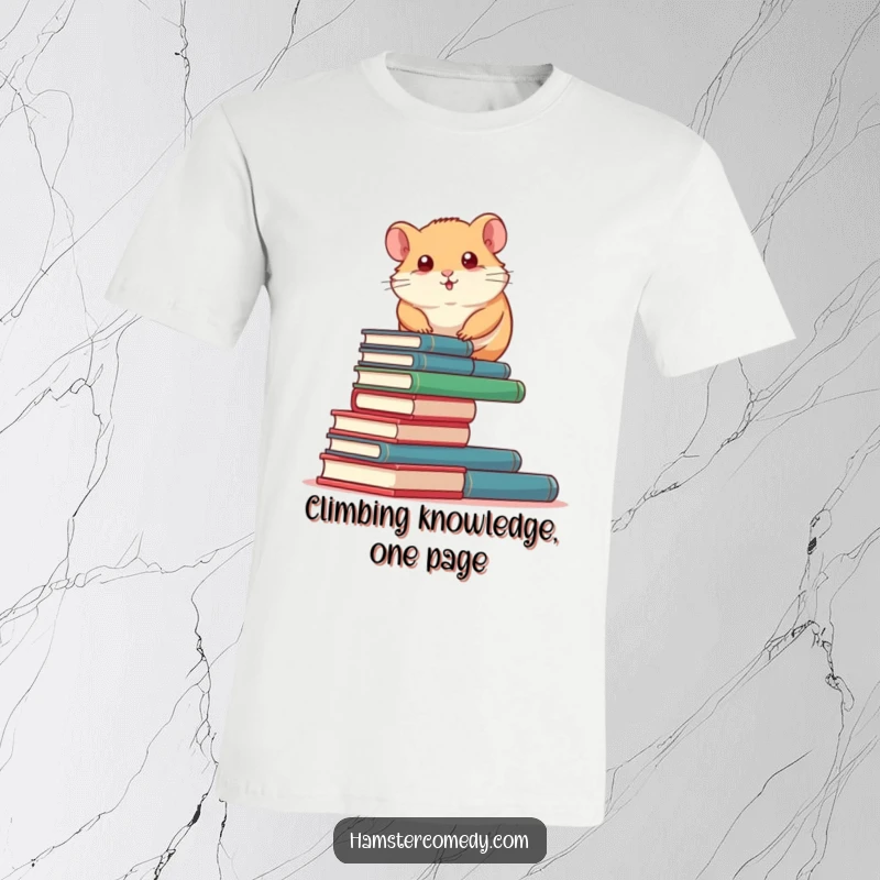 Funny Hamster T-Shirt: A hamster with determination humorously climbs a tall stack of miniature books, celebrating learning.
