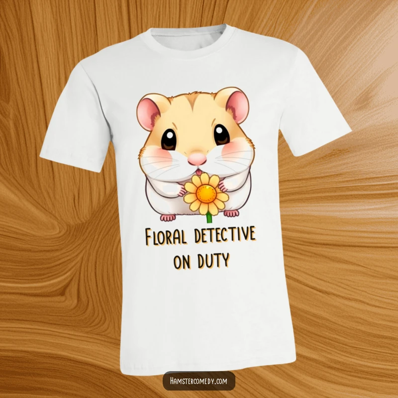 Funny hamster t-shirt with a cute, wide-eyed hamster curiously sniffing a vibrant flower, showcasing innocent exploration and delight.