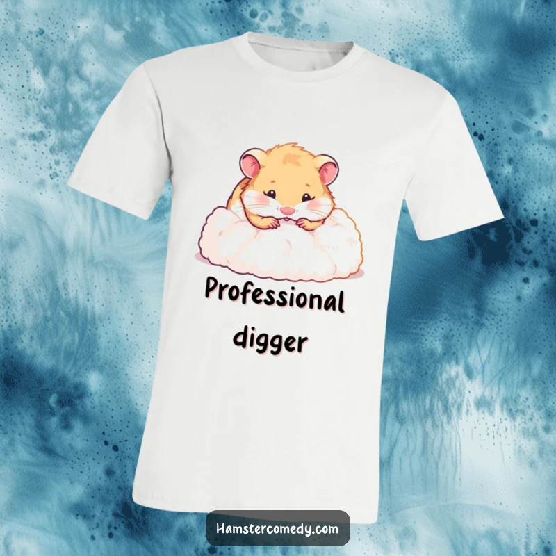 Funny hamster t-shirt showing a cute hamster joyfully digging and burrowing in a large pile of soft fluff, looking completely engrossed.
