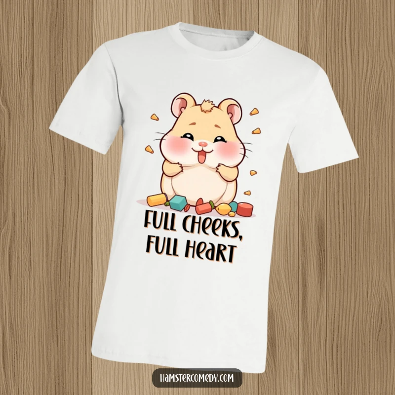 Funny Hamster T-Shirt showing a hamster with very full cheeks comically trying to hoard items, perfect for savers.