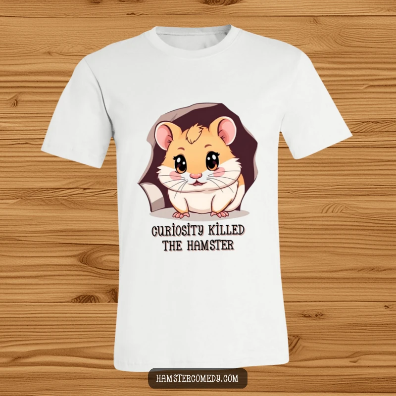 Funny hamster t-shirt featuring a hamster with wide, curious eyes, peeking intently into a small hole, inspiring wonder.