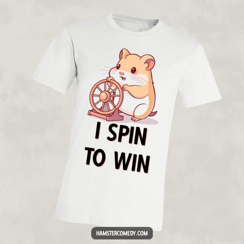 Funny hamster t-shirt depicting a hamster playfully pushing a tiny wheel with its paws, celebrating joyful activity.