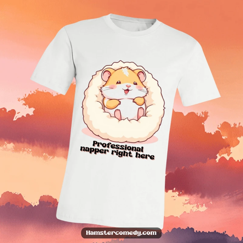 Funny t-shirt showcasing a joyful hamster enthusiastically rolling in a cloud-like cozy bed, radiating happiness and fun.