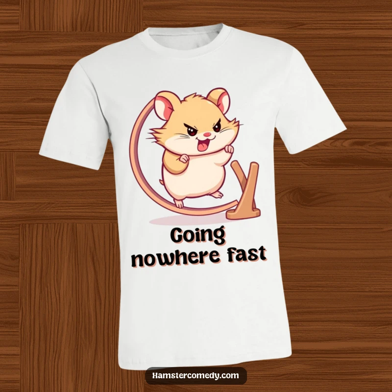 Funny hamster t-shirt of a determined tiny character sprinting on a wheel, ideal for active individuals, humorous gift.