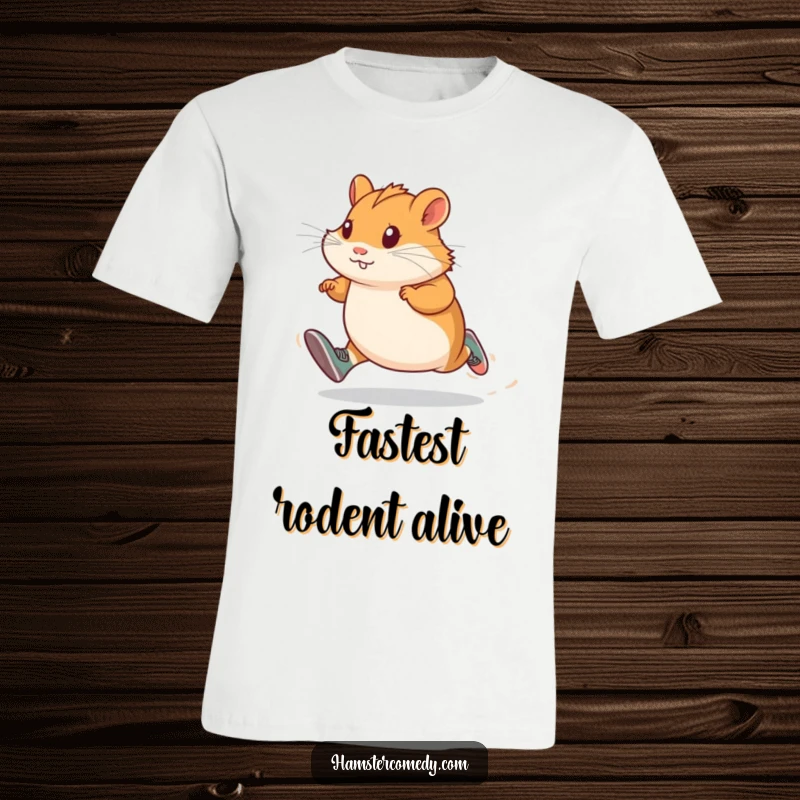 Funny and determined hamster wearing miniature running shoes, sprinting with all its might, a dynamic t-shirt design.