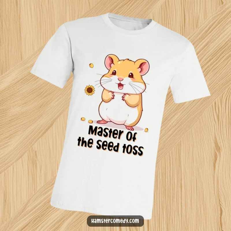 Funny Hamster T-Shirt showing a cute hamster enthusiastically juggling a heap of sunflower seeds, perfect for a laugh.
