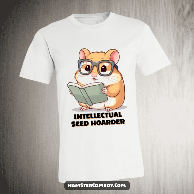 Funny Hamster T-Shirt: A hamster sporting large glasses, deeply focused on reading a miniature book, exuding intellectual charm.
