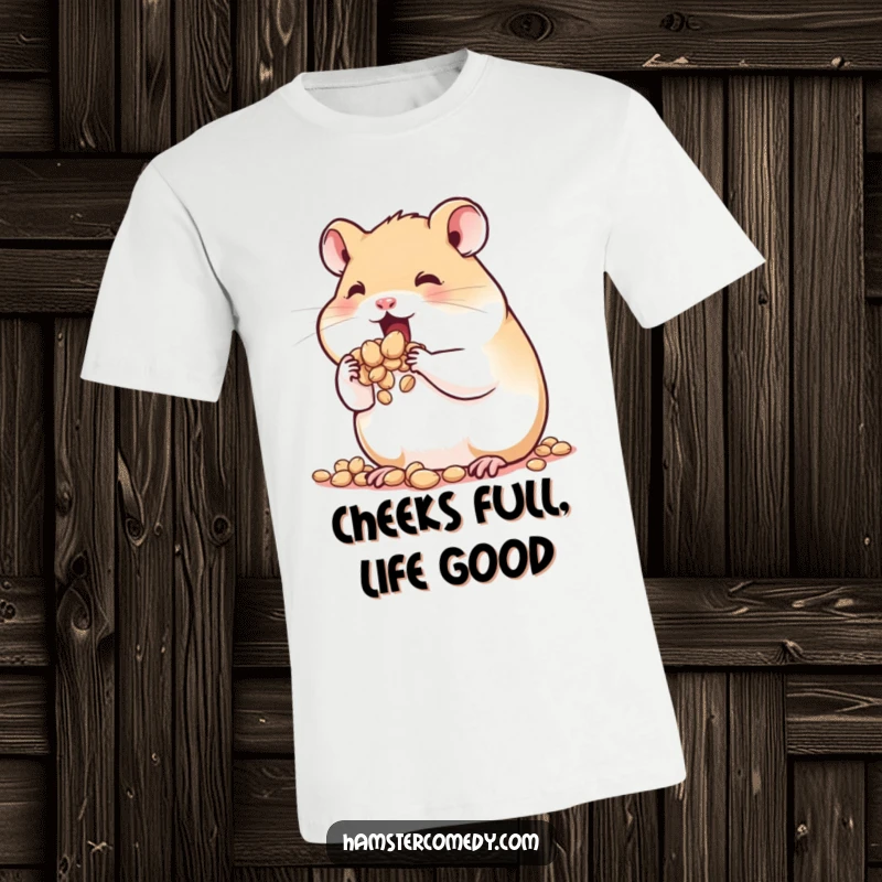 Funny Hamster T-Shirt: A cute hamster with comically overstuffed cheeks, bursting with seeds, showcasing extreme greedy delight.