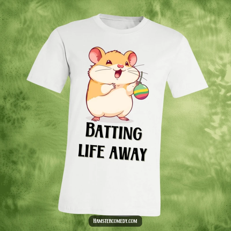 Funny hamster t-shirt, batting at a dangling toy with excitement, showing cute and humorous pet behavior, an ideal funny gift.
