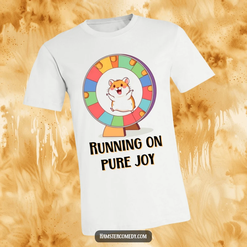 Funny Hamster T-Shirt featuring an excited hamster actively running on a giant, colorful wheel, vibrant and motivational.