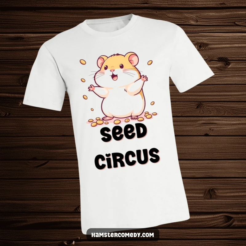 Funny kawaii hamster t-shirt featuring a cute hamster skillfully juggling tiny seeds, radiating joy and playful energy.