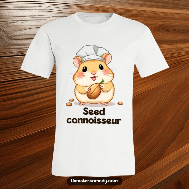 Funny kawaii hamster chef t-shirt showcasing a cute rodent in a chef hat, holding a seed, ready to whip up some deliciousness.