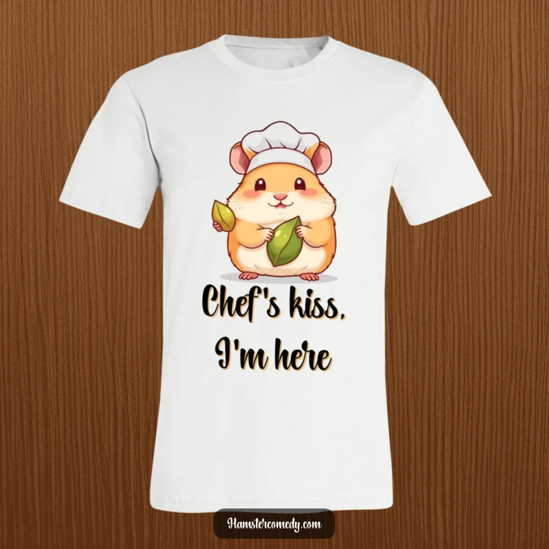 Funny t-shirt showcasing a kawaii hamster in a chef hat, presenting a seed like a Michelin-star dish.