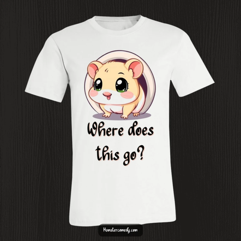 Funny t-shirt of a kawaii hamster with large, curious eyes peeking into a mysterious tunnel.