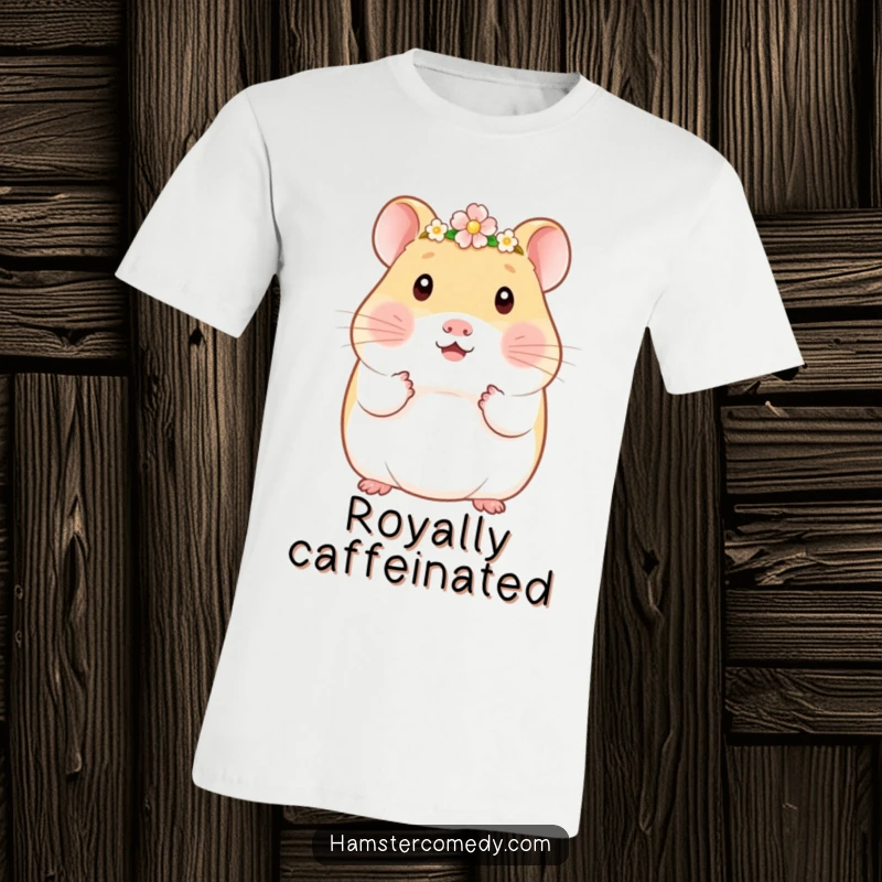 Funny Kawaii Hamster T-Shirt: Adorable hamster wearing a tiny, colorful flower crown, exuding gentle charm and a regal, sweet disposition.
